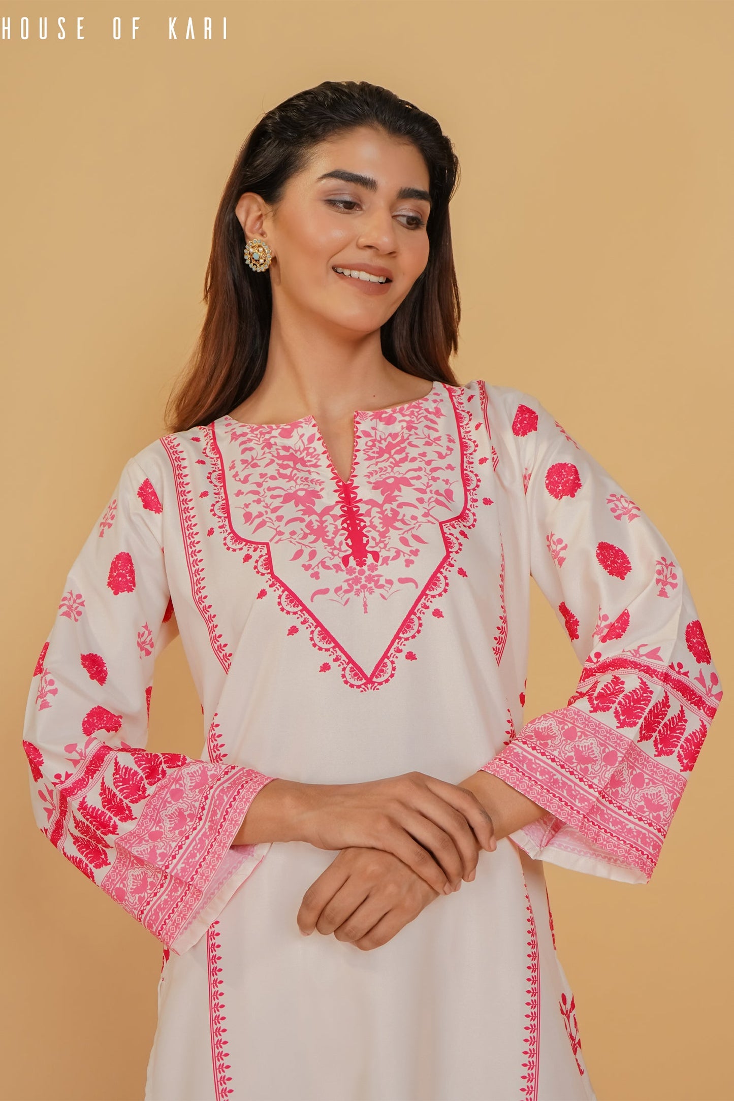Shivani in Printkari Poly Muslin Co-ord set in Cream PINK