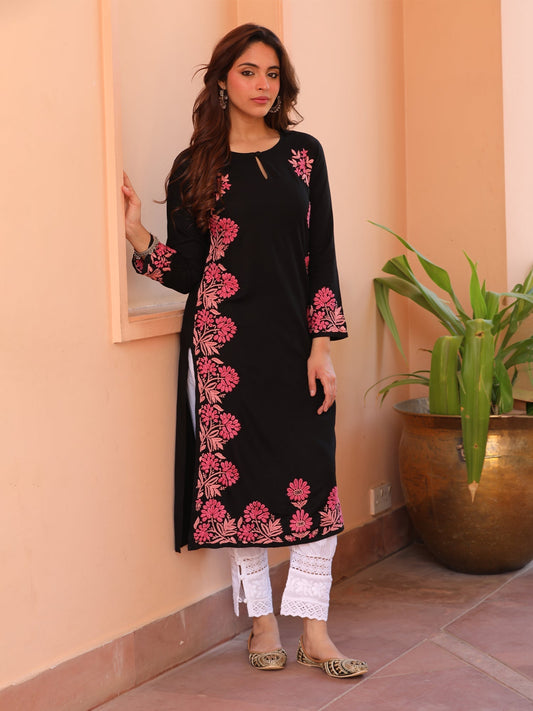 Saba Chikankari Long Kurta in Rayon Cotton - Black