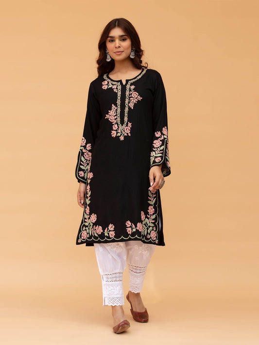 Komal x HOK Saba Chikankari Long Kurta in Rayon Cotton - Black
