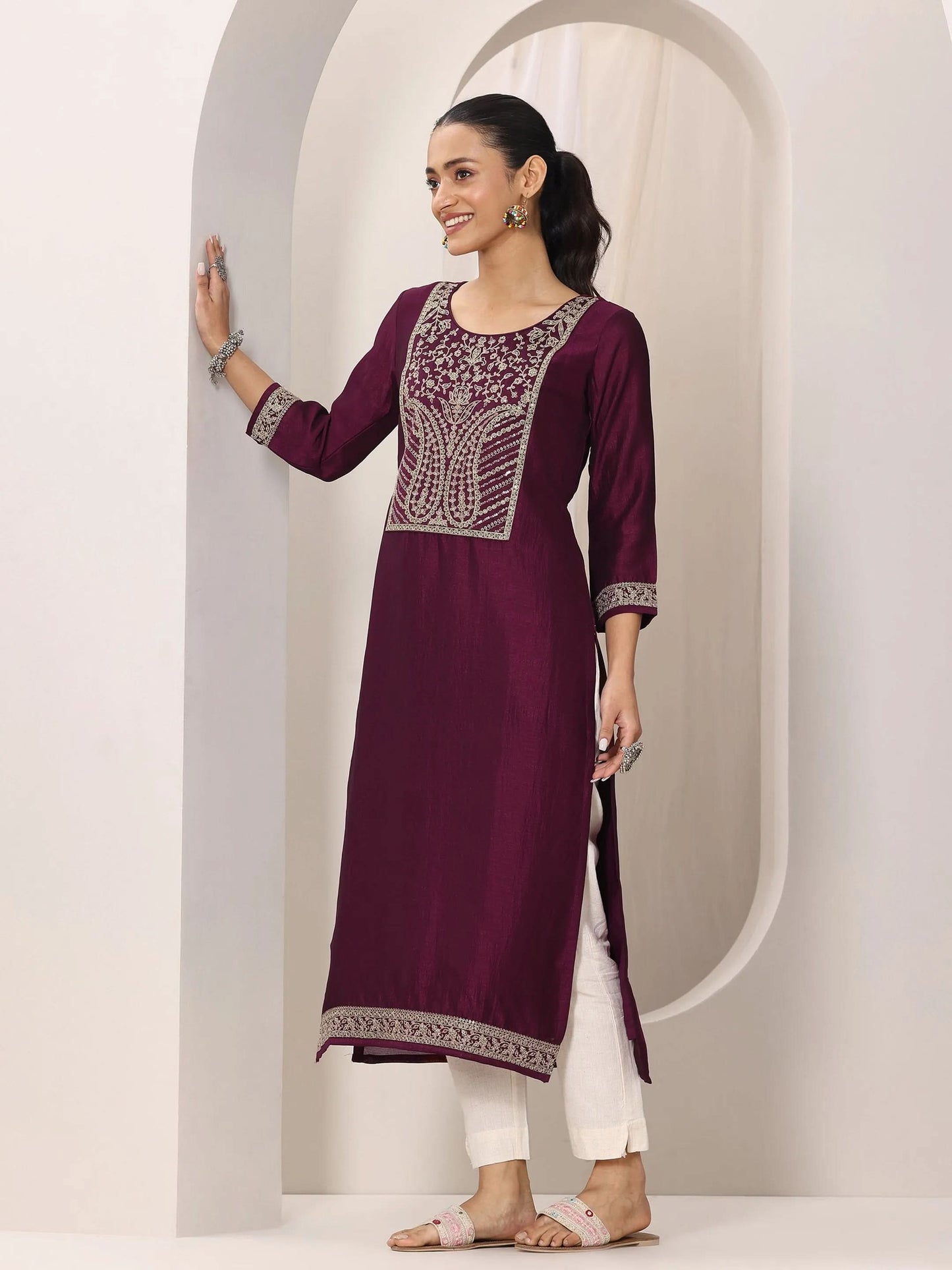 Wine Yoke Design Silk Kurta