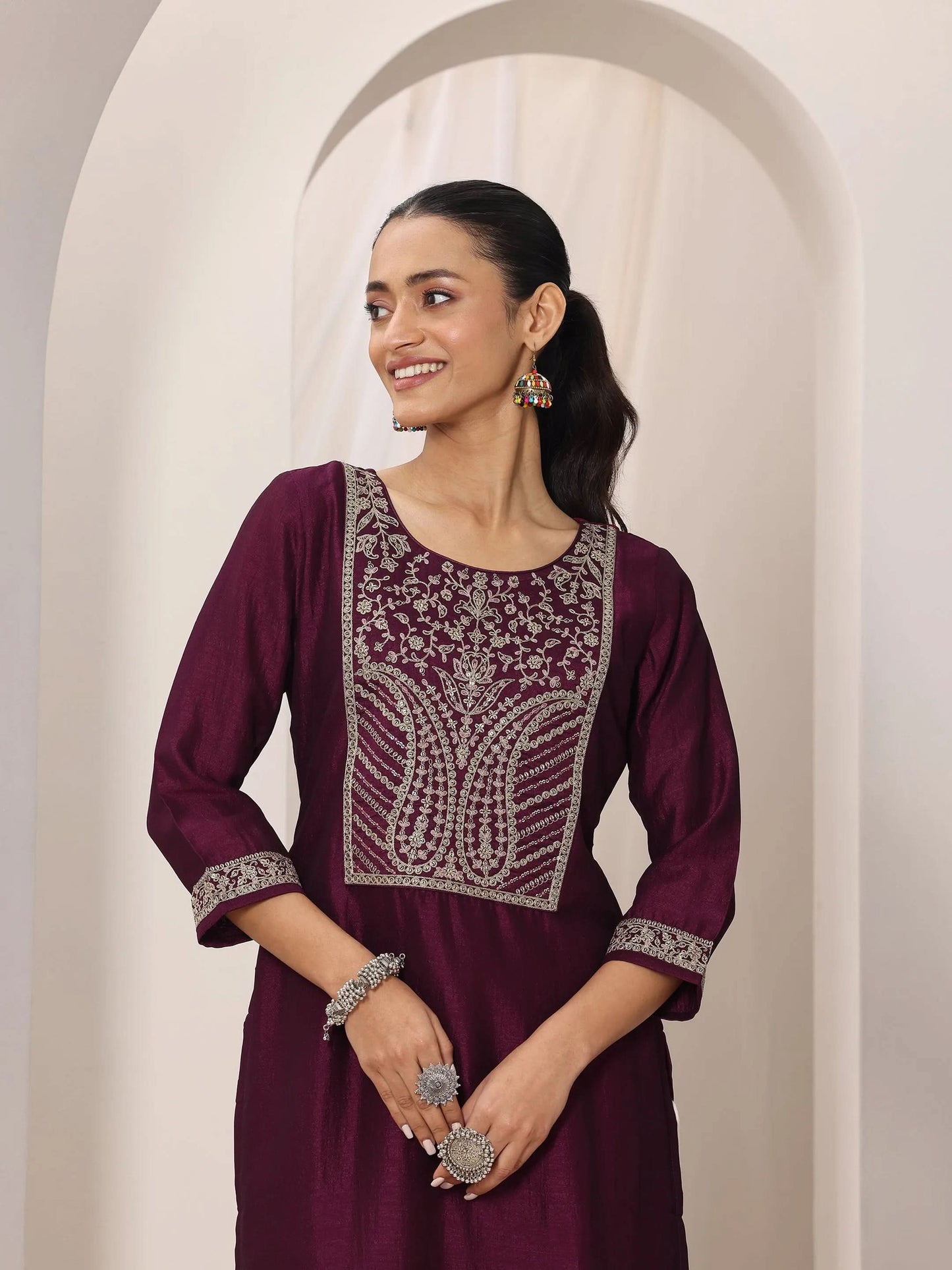 Wine Yoke Design Silk Kurta