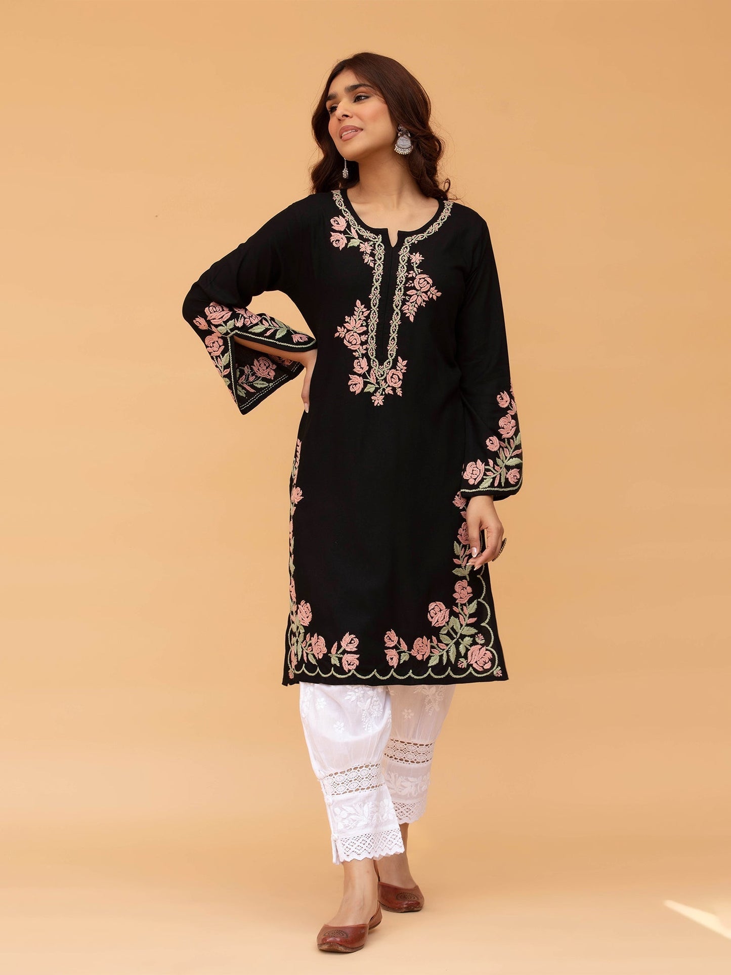 Komal x HOK Saba Chikankari Long Kurta in Rayon Cotton - Black
