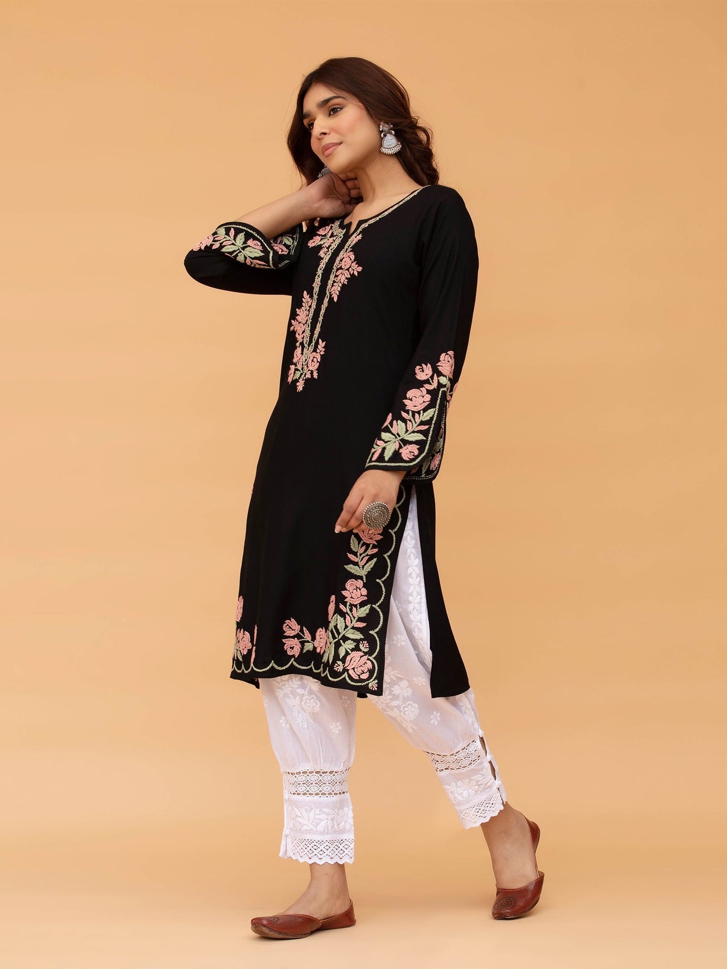 Komal x HOK Saba Chikankari Long Kurta in Rayon Cotton - Black