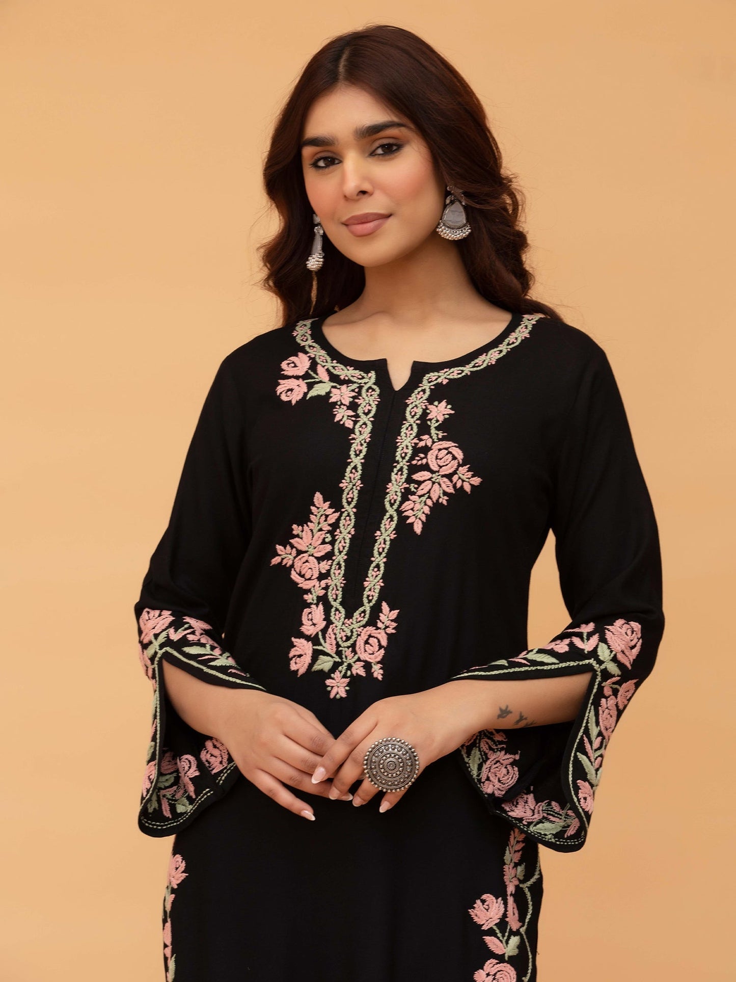 Komal x HOK Saba Chikankari Long Kurta in Rayon Cotton - Black