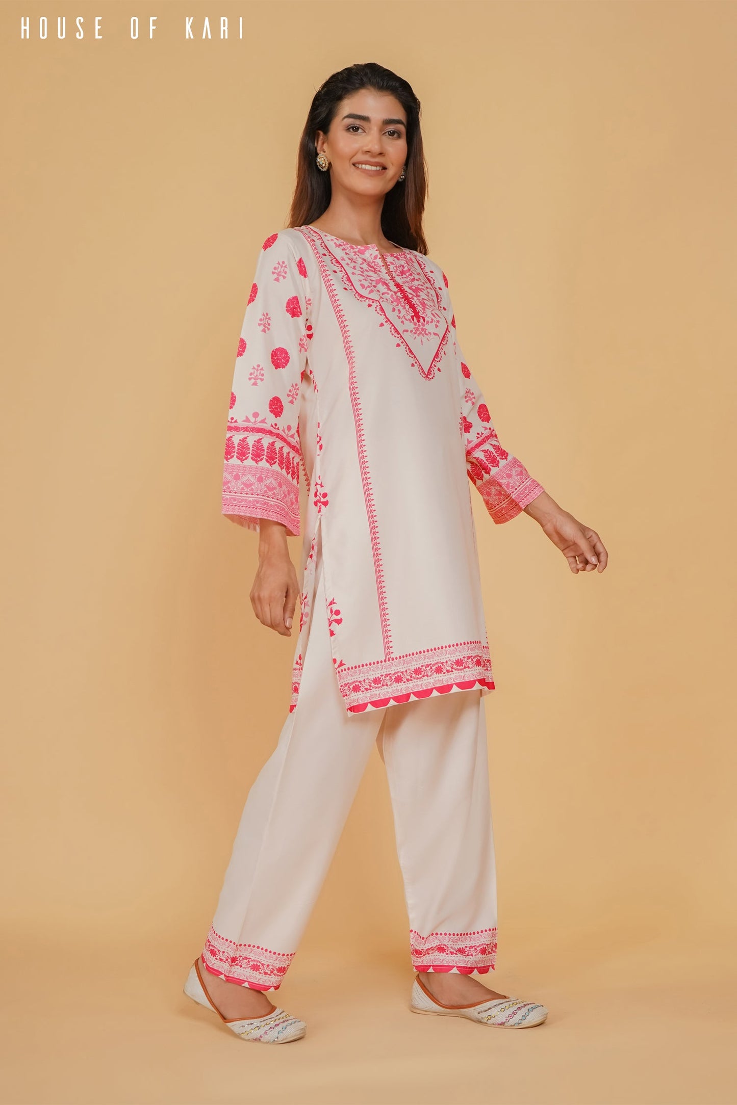 Shivani in Printkari Poly Muslin Co-ord set in Cream PINK