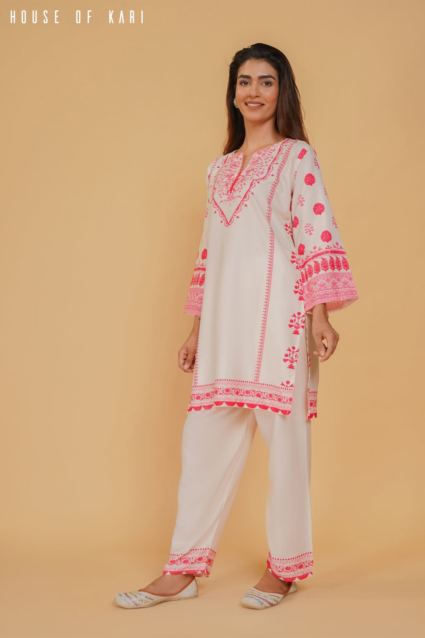 Shivani in Printkari Poly Muslin Co-ord set in Cream PINK