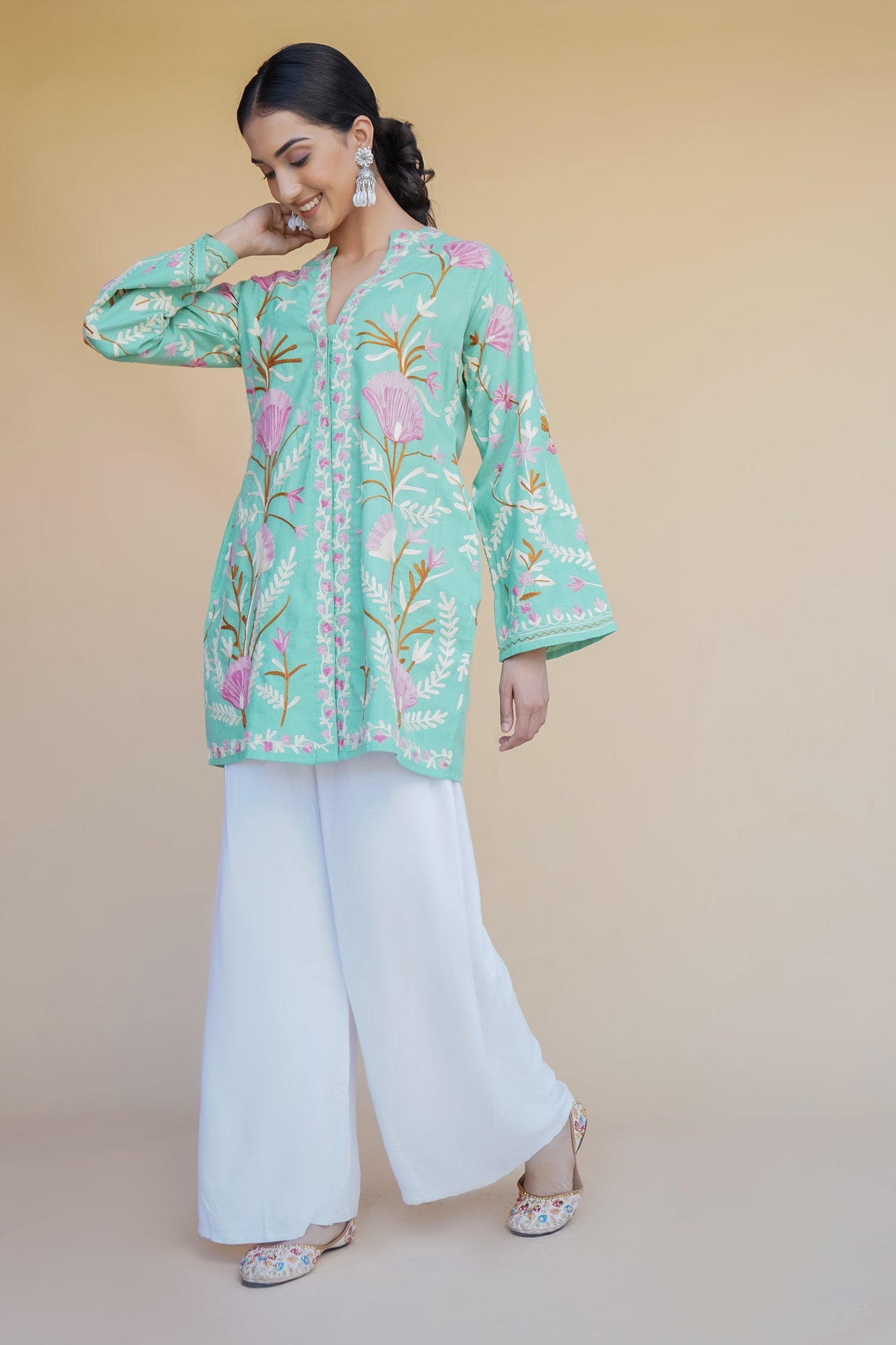 Kashmiri Aari Work Cotton Kurta Jacket – Pista Green