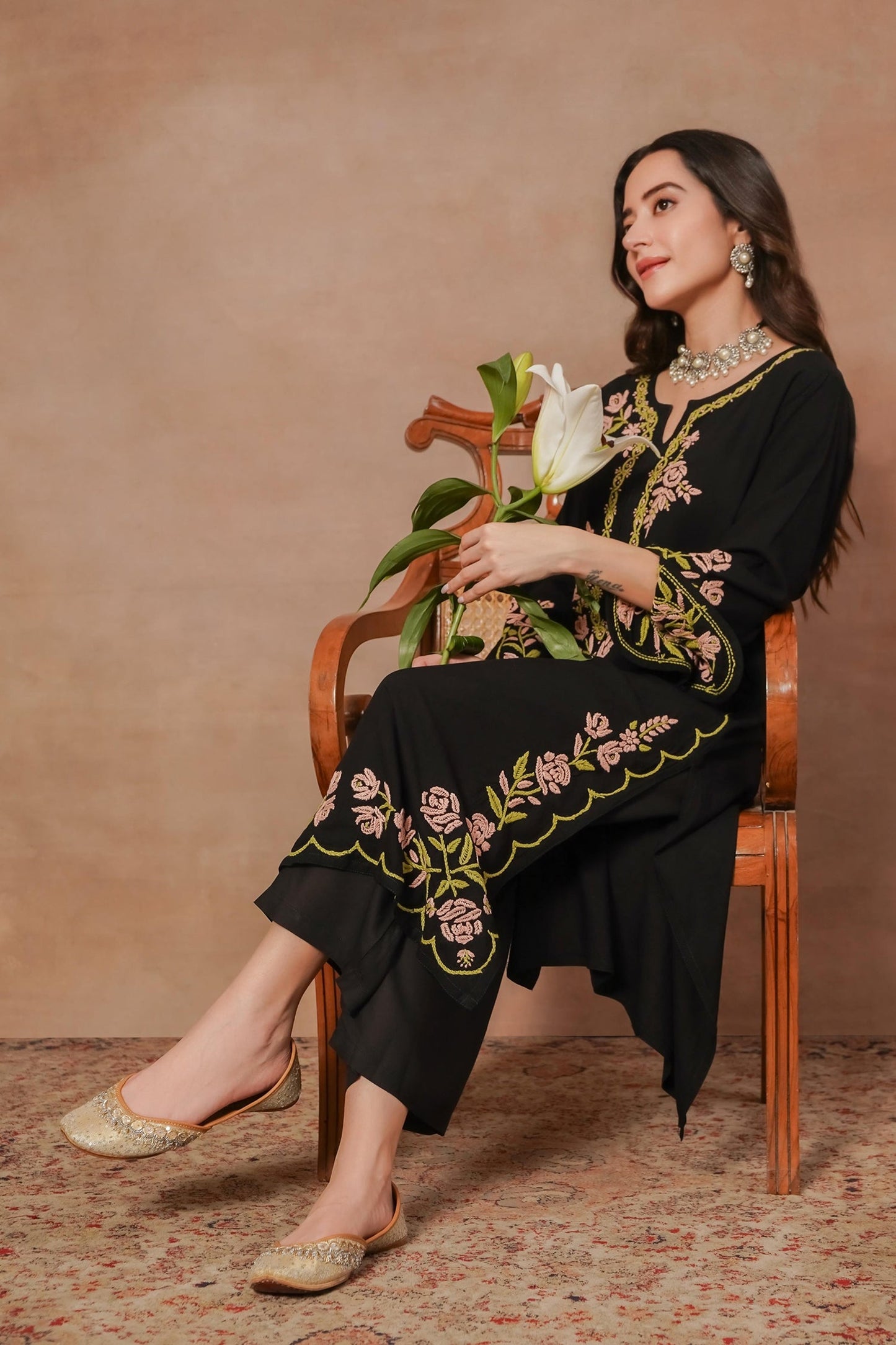 Komal x HOK Saba Chikankari Long Kurta in Rayon Cotton - Black