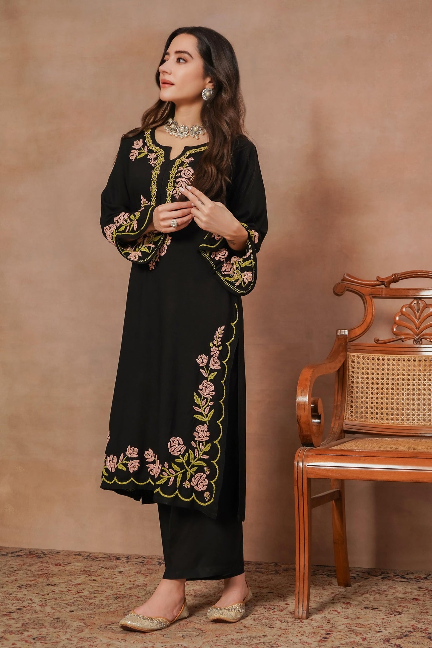 Komal x HOK Saba Chikankari Long Kurta in Rayon Cotton - Black