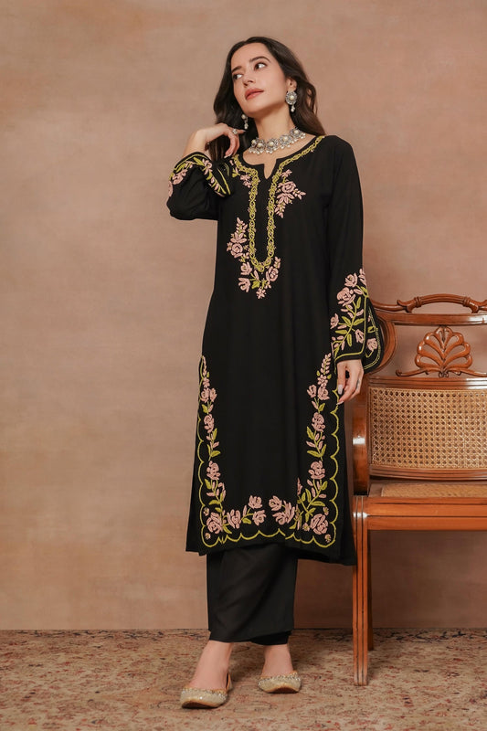 Komal x HOK Saba Chikankari Long Kurta in Rayon Cotton - Black