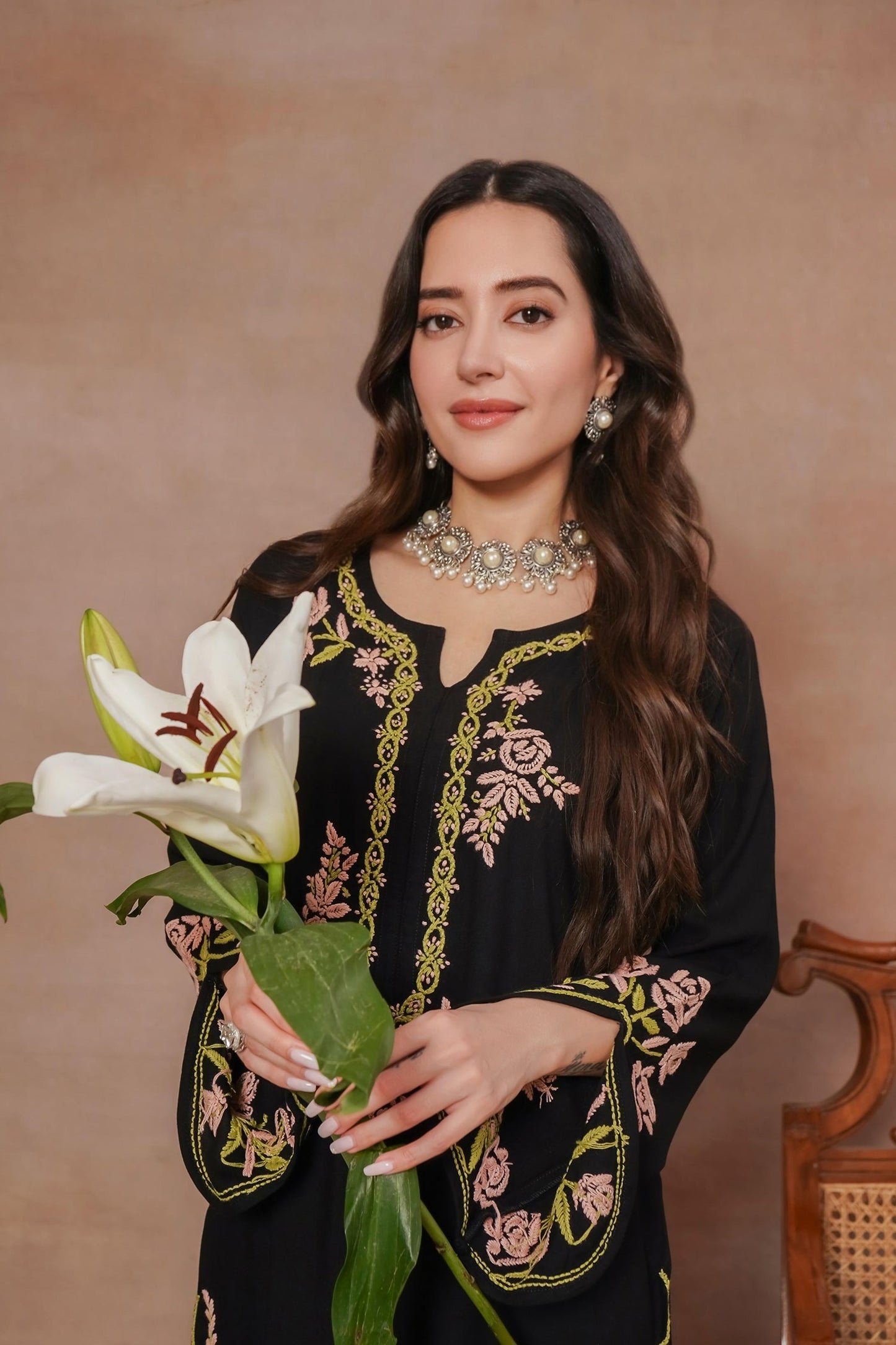 Komal x HOK Saba Chikankari Long Kurta in Rayon Cotton - Black