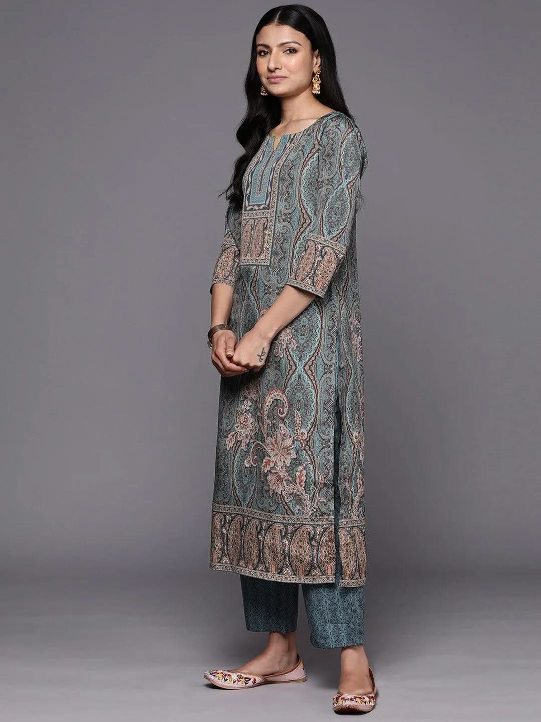 Blue Printed Crepe Straight Kurta With Trousers & Dupatta