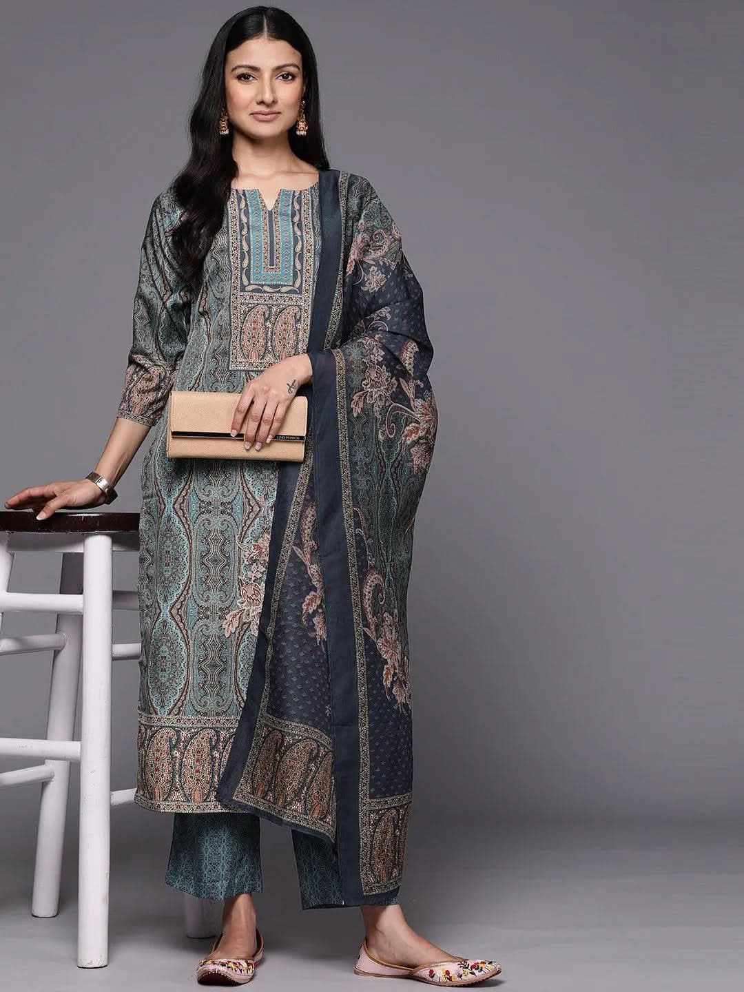 Blue Printed Crepe Straight Kurta With Trousers & Dupatta