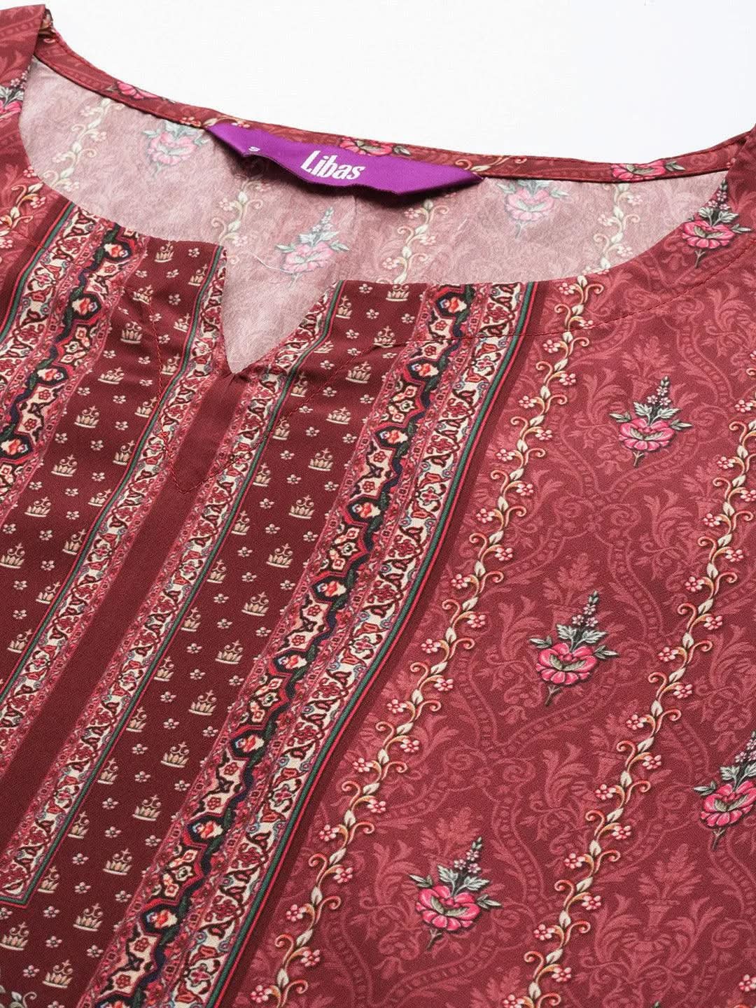 Maroon Printed Crepe Straight Kurta With Trousers & Dupatta
