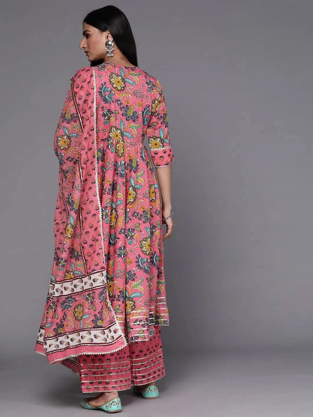 Pink Printed Cotton Anarkali Kurta With Palazzos & Dupatta